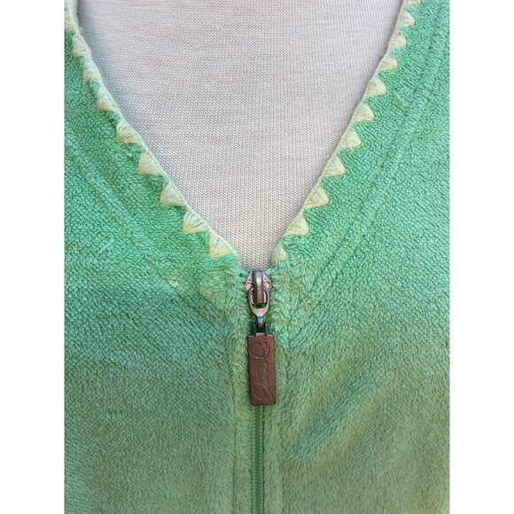 Sleeveless Green Terry Cloth Robe Beach Starfish Large Embroidery Front Zip & Po - Picture 4 of 9